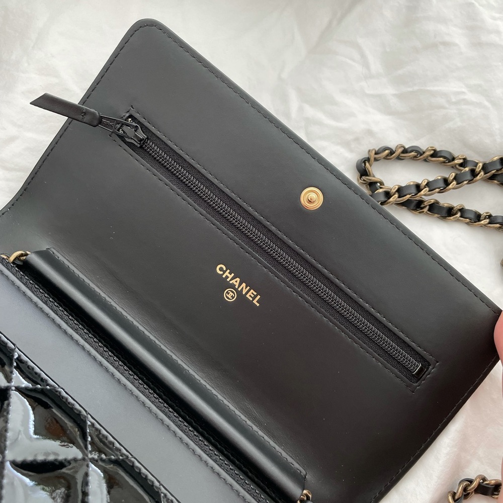 •SOLD to Fashionphile• CHANEL Patent Boy Wallet On Chain WOC Black - Picture 12 of 16